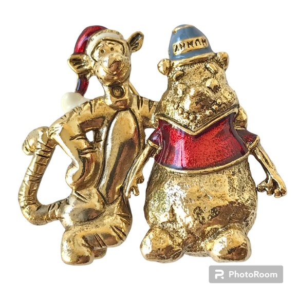 Vintage Disney Tigger Winnie the Pooh Christmas Pin Brooch Gold Tone Signed - Picture 1 of 7